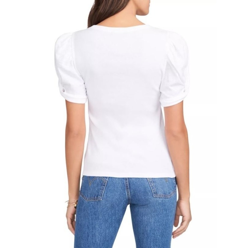 1.State Womens Twist Puff Short Sleeve Rib Body Cotton Crew Neck Tee White Small - Picture 2 of 7